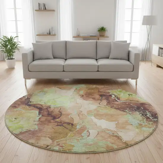 8' Coffee Mint Green And Beige Abstract Washable Round Rug With UV Protection Photo 2