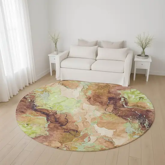 8' Coffee Mint Green And Beige Abstract Washable Round Rug With UV Protection Photo 4
