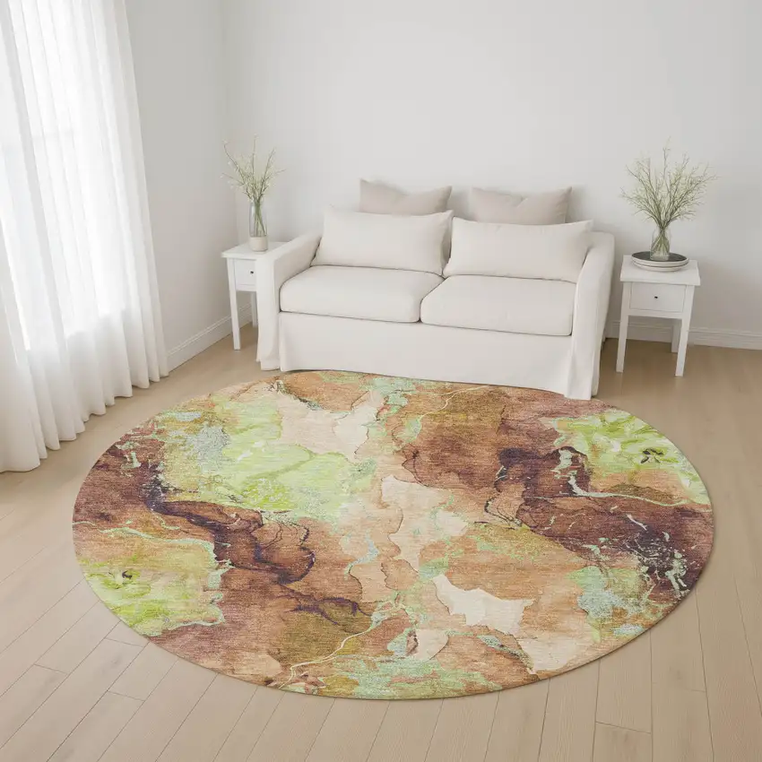 8' Coffee Mint Green And Beige Abstract Washable Round Rug With UV Protection Photo 4