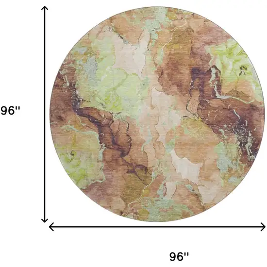 8' Coffee Mint Green And Beige Abstract Washable Round Rug With UV Protection Photo 9