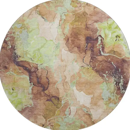 8' Coffee Mint Green And Beige Abstract Washable Round Rug With UV Protection Photo 3