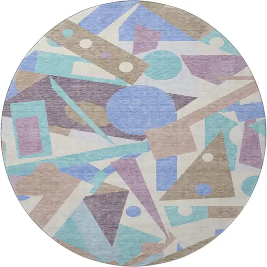 8' Coffee Purple And Teal Geometric Washable Round Rug With UV Protection Photo 2
