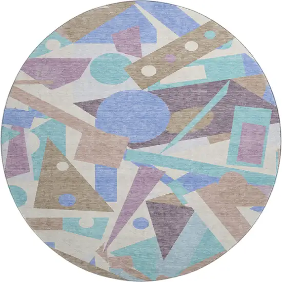 8' Coffee Purple And Teal Geometric Washable Round Rug With UV Protection Photo 1