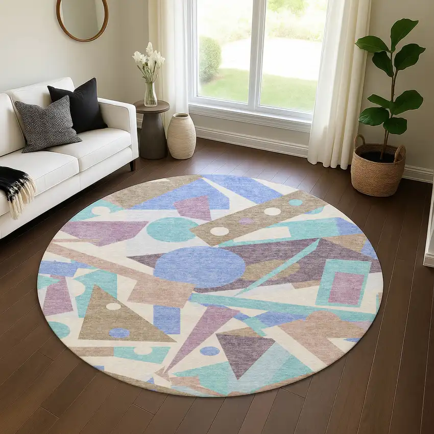 8' Coffee Purple And Teal Geometric Washable Round Rug With UV Protection Photo 3