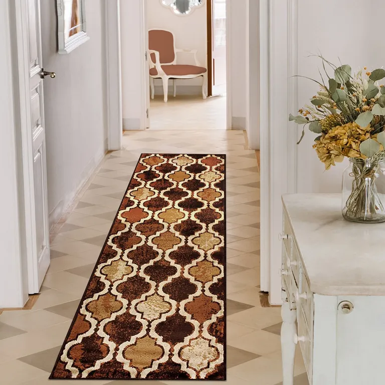 8' Coffee Quatrefoil Power Loom Distressed Stain Resistant Runner Rug Photo 3
