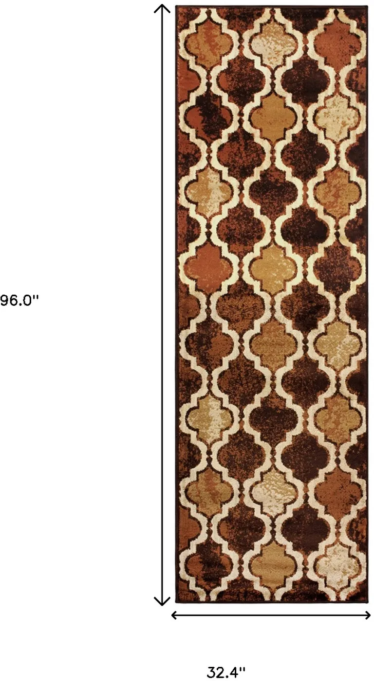 8' Coffee Quatrefoil Power Loom Distressed Stain Resistant Runner Rug Photo 4