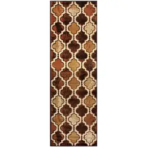 Photo of 8' Coffee Quatrefoil Power Loom Distressed Stain Resistant Runner Rug