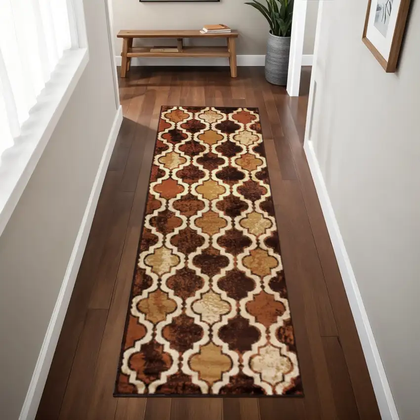 8' Coffee Quatrefoil Power Loom Distressed Stain Resistant Runner Rug Photo 1