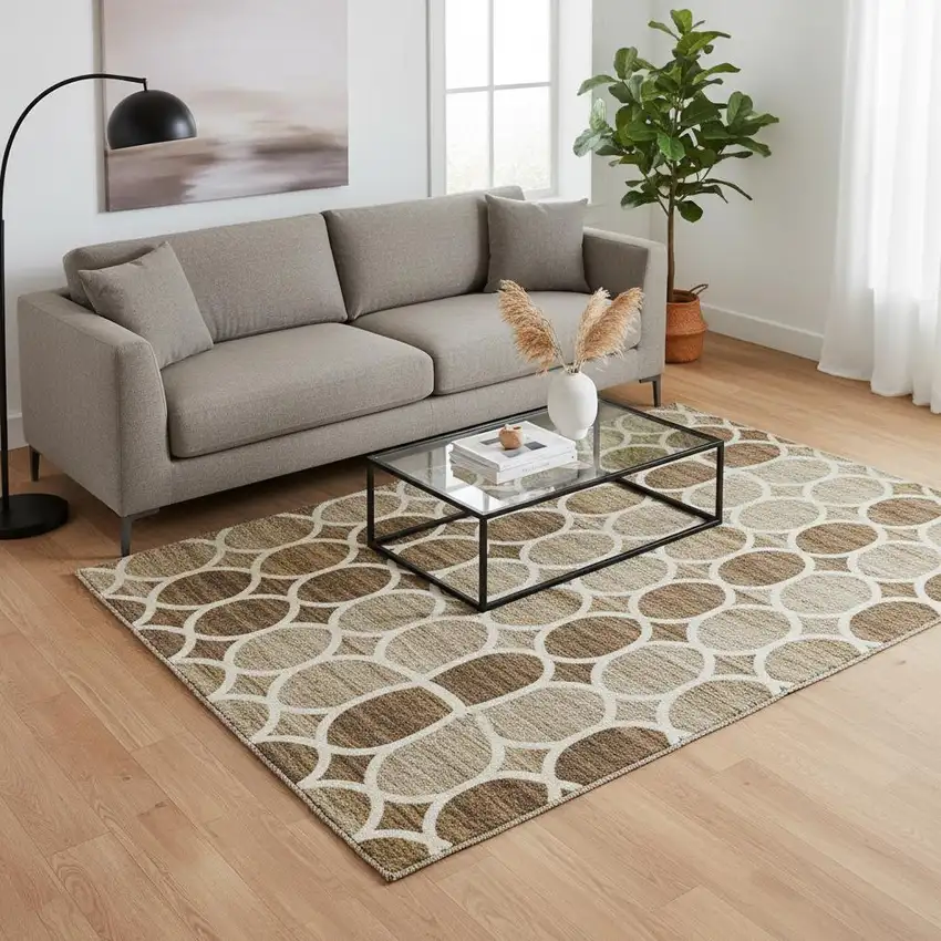 8' Coffee Taupe And Ivory Ikat Washable Round Rug With UV Protection Photo 2