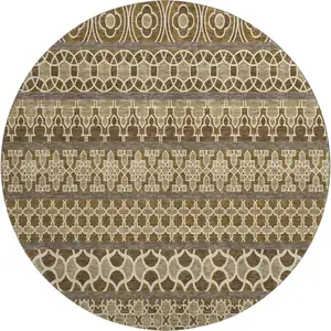 Photo of 8' Coffee Taupe And Ivory Ikat Washable Round Rug With UV Protection