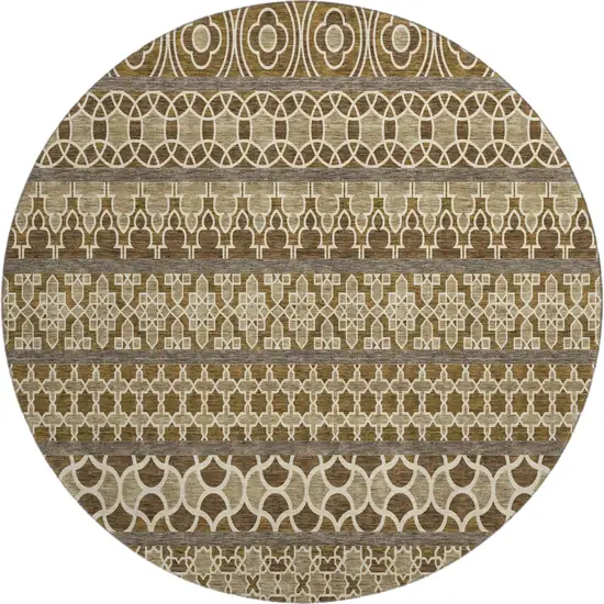 8' Coffee Taupe And Ivory Ikat Washable Round Rug With UV Protection Photo 1
