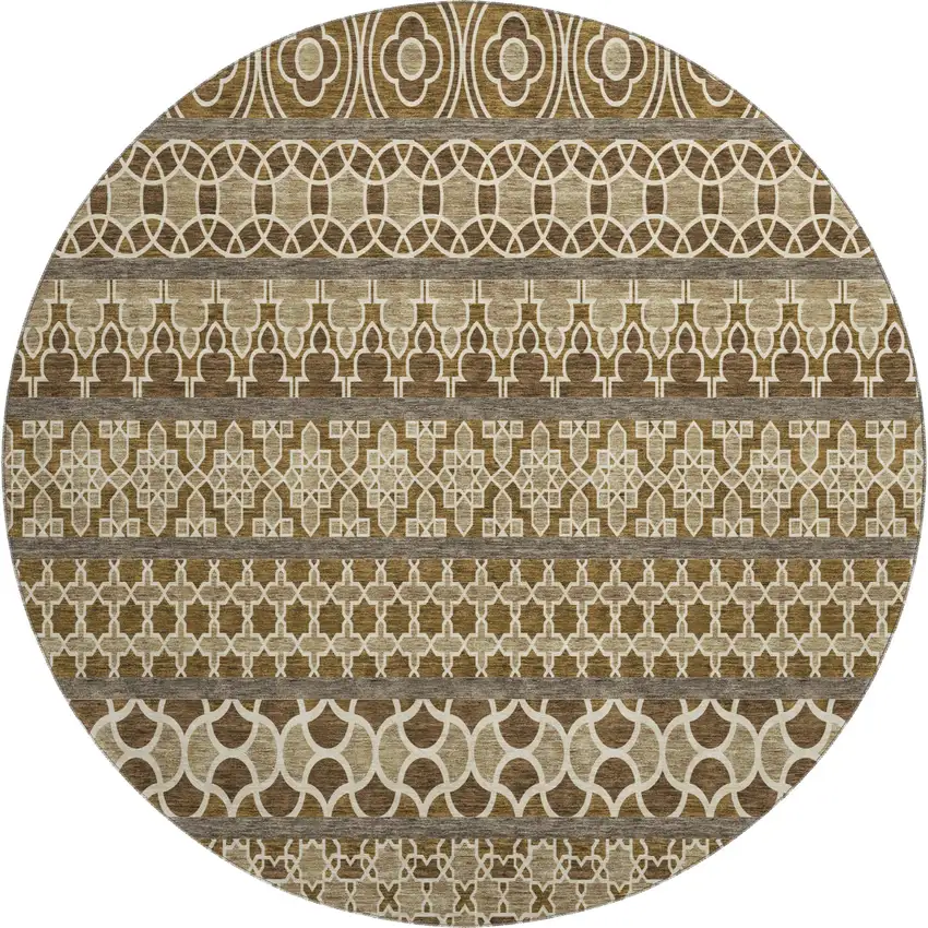 8' Coffee Taupe And Ivory Ikat Washable Round Rug With UV Protection Photo 1
