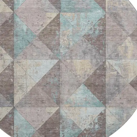 8' Coffee Teal And Beige Geometric Washable Round Rug With UV Protection Photo 2