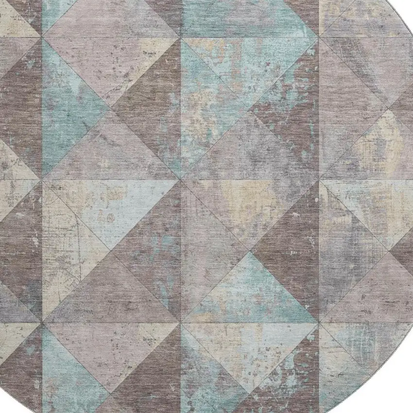 8' Coffee Teal And Beige Geometric Washable Round Rug With UV Protection Photo 2