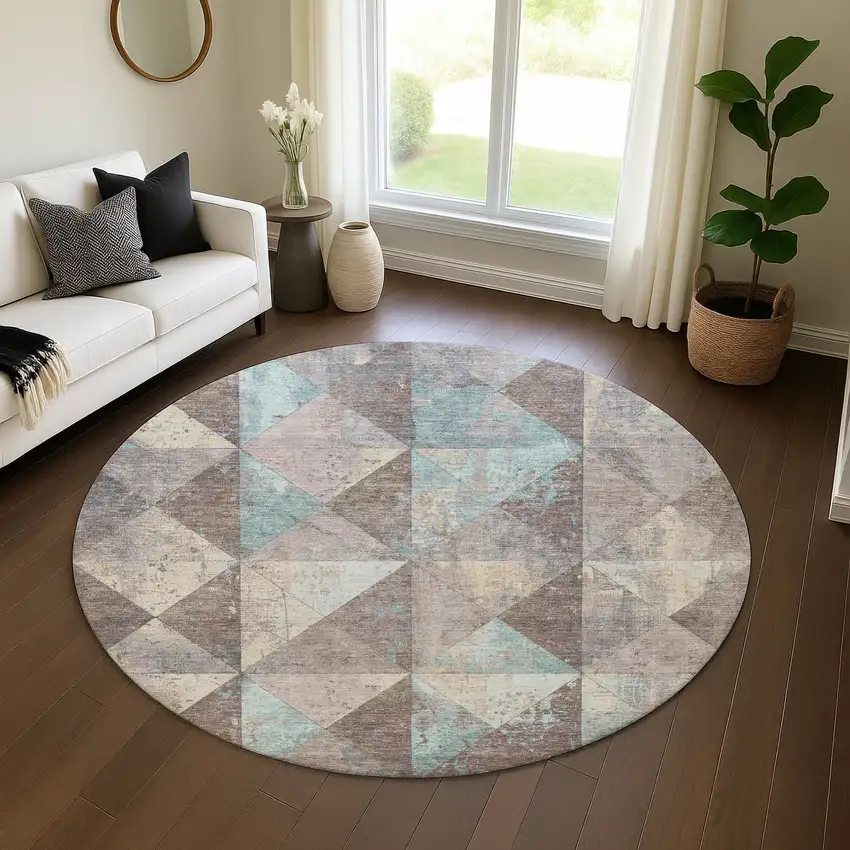 8' Coffee Teal And Beige Geometric Washable Round Rug With UV Protection Photo 4