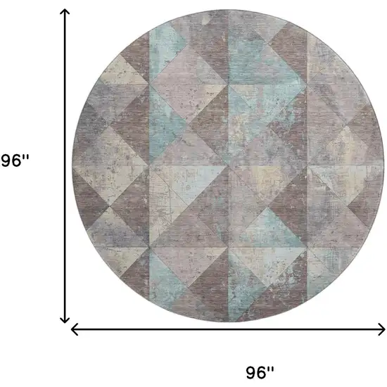 8' Coffee Teal And Beige Geometric Washable Round Rug With UV Protection Photo 9