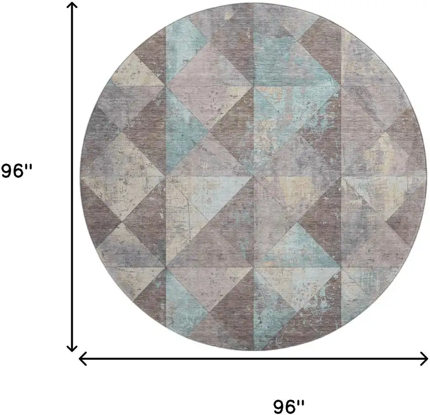 8' Coffee Teal And Beige Geometric Washable Round Rug With UV Protection Photo 9