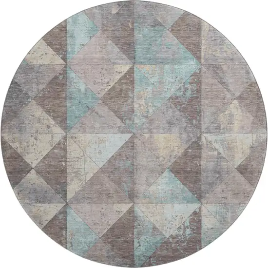 8' Coffee Teal And Beige Geometric Washable Round Rug With UV Protection Photo 1