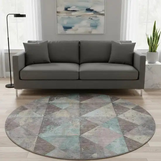 8' Coffee Teal And Beige Geometric Washable Round Rug With UV Protection Photo 2