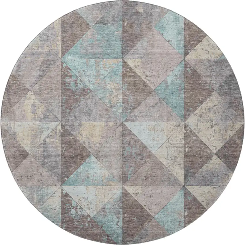 8' Coffee Teal And Beige Geometric Washable Round Rug With UV Protection Photo 3