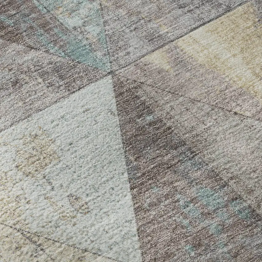 8' Coffee Teal And Beige Geometric Washable Round Rug With UV Protection Photo 8