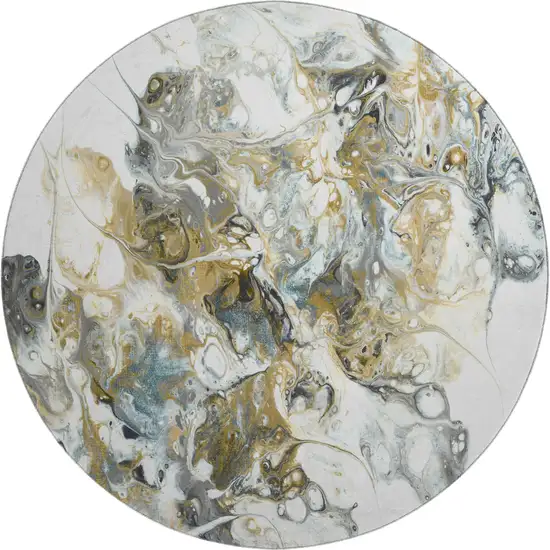 8' Cool Gray And Gold Round Abstract Washable Indoor Outdoor Area Rug Photo 2