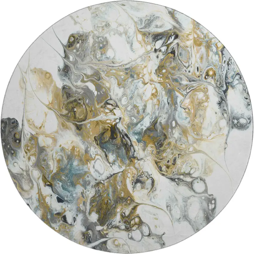 8' Cool Gray And Gold Round Abstract Washable Indoor Outdoor Area Rug Photo 2