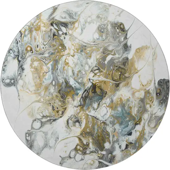 8' Cool Gray And Gold Round Abstract Washable Indoor Outdoor Area Rug Photo 5