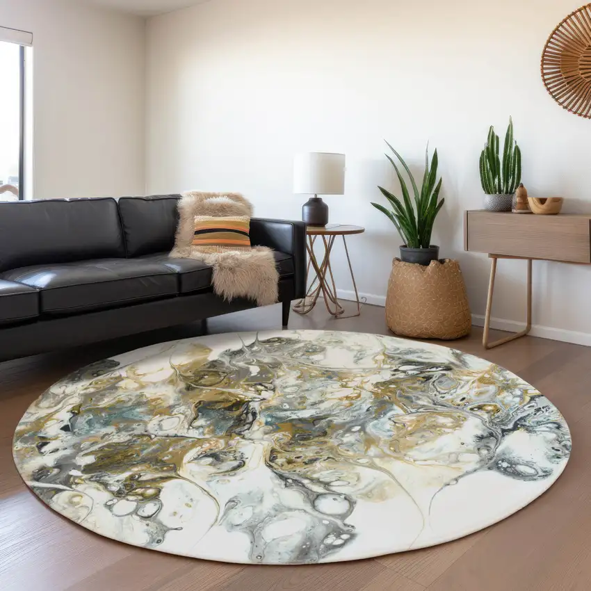 8' Cool Gray And Gold Round Abstract Washable Indoor Outdoor Area Rug Photo 8