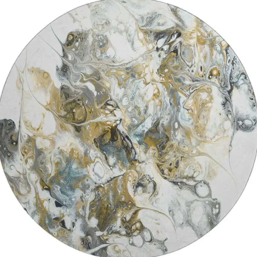 8' Cool Gray And Gold Round Abstract Washable Indoor Outdoor Area Rug Photo 4