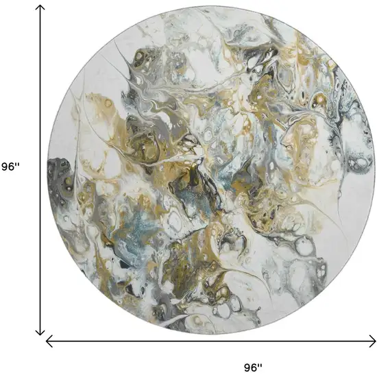 8' Cool Gray And Gold Round Abstract Washable Indoor Outdoor Area Rug Photo 3