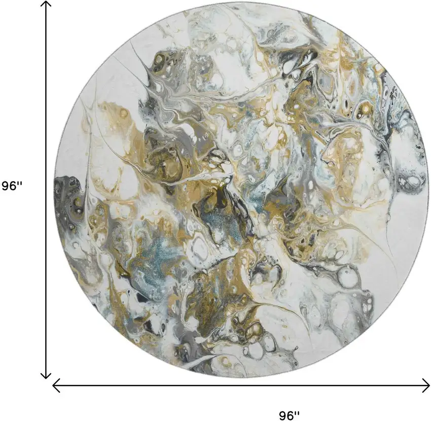 8' Cool Gray And Gold Round Abstract Washable Indoor Outdoor Area Rug Photo 3