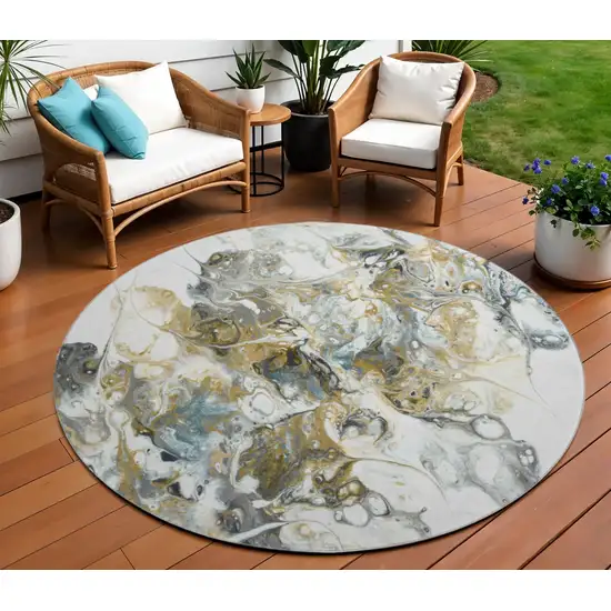 8' Cool Gray And Gold Round Abstract Washable Indoor Outdoor Area Rug Photo 1