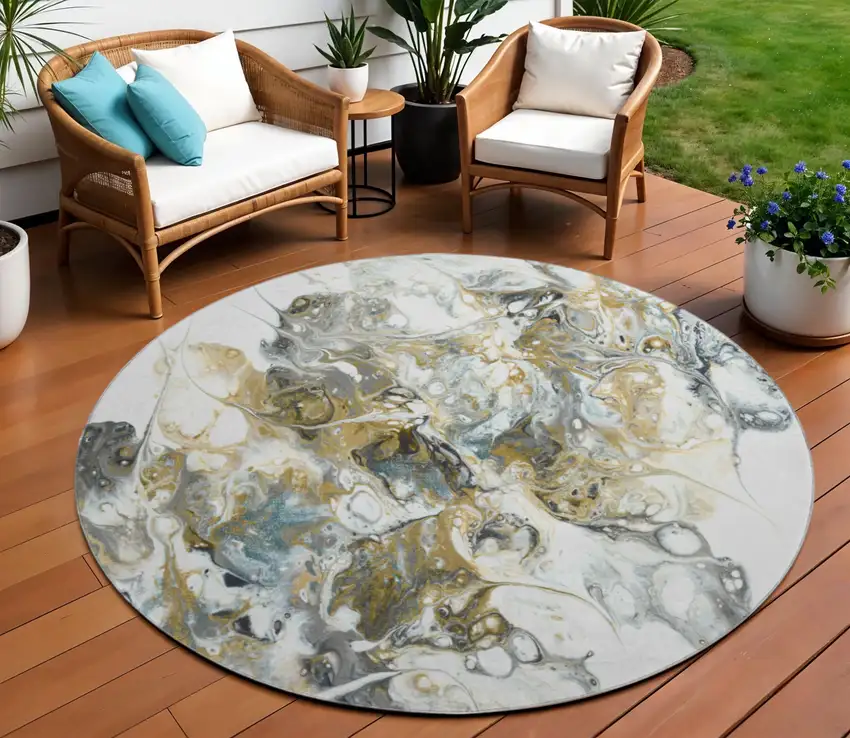 8' Cool Gray And Gold Round Abstract Washable Indoor Outdoor Area Rug Photo 1