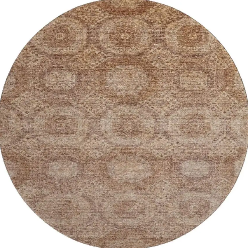 8' Copper And Beige Abstract Geometric Washable Round Rug With UV Protection Photo 4