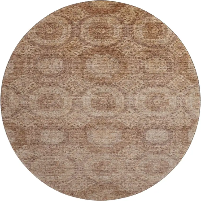 8' Copper And Beige Abstract Geometric Washable Round Rug With UV Protection Photo 1