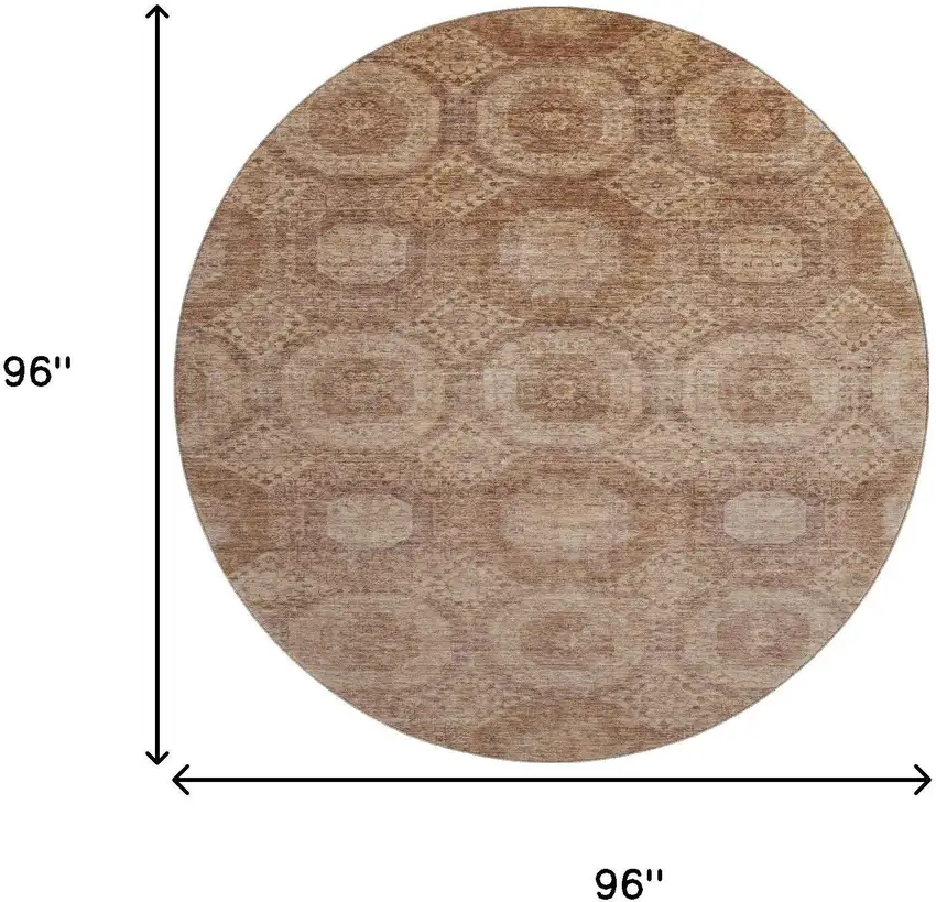8' Copper And Beige Abstract Geometric Washable Round Rug With UV Protection Photo 9