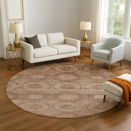 8' Copper And Beige Abstract Geometric Washable Round Rug With UV Protection Photo 5