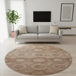 Photo of 8' Copper And Beige Abstract Geometric Washable Round Rug With UV Protection