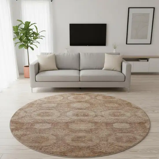 8' Copper And Beige Abstract Geometric Washable Round Rug With UV Protection Photo 2