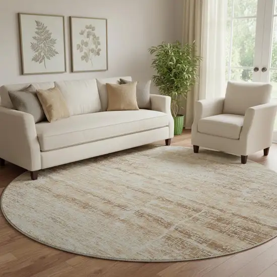 8' Copper And Beige Abstract Washable Round Rug With UV Protection Photo 1