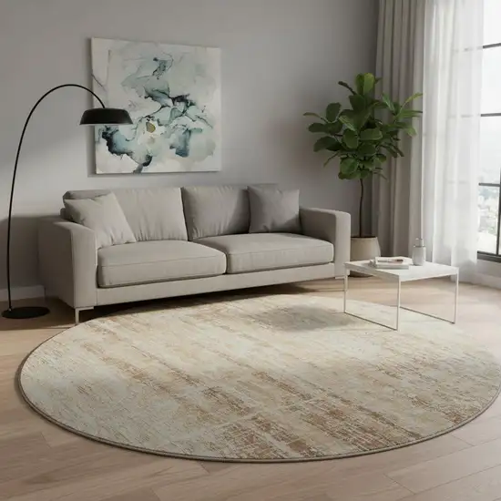 8' Copper And Beige Abstract Washable Round Rug With UV Protection Photo 2