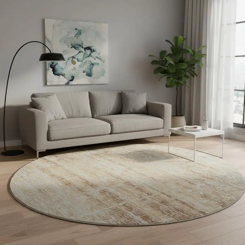 8' Copper And Beige Abstract Washable Round Rug With UV Protection Photo 2