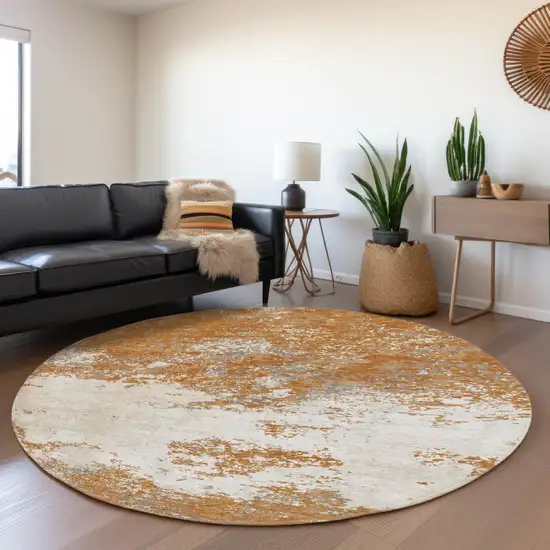 8' Copper And Beige Abstract Washable Round Rug With UV Protection Photo 3