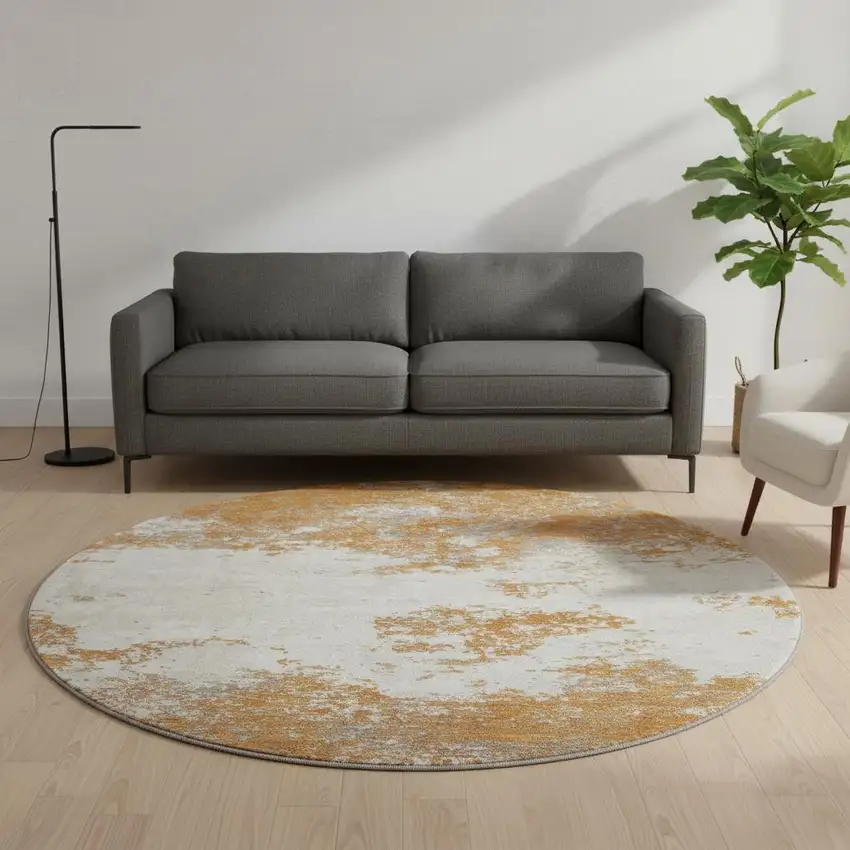 8' Copper And Beige Abstract Washable Round Rug With UV Protection Photo 2