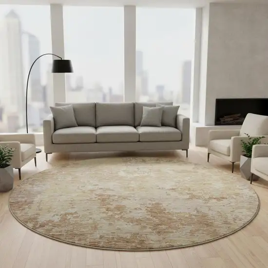 8' Copper And Beige Abstract Washable Round Rug With UV Protection Photo 2