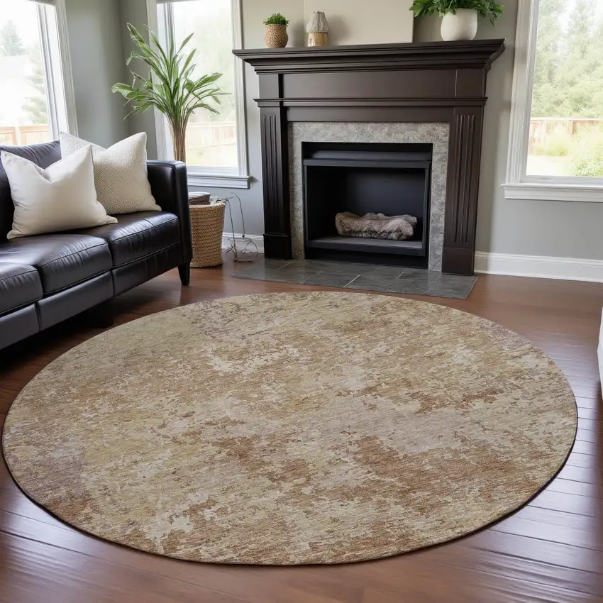 8' Copper And Beige Abstract Washable Round Rug With UV Protection Photo 4