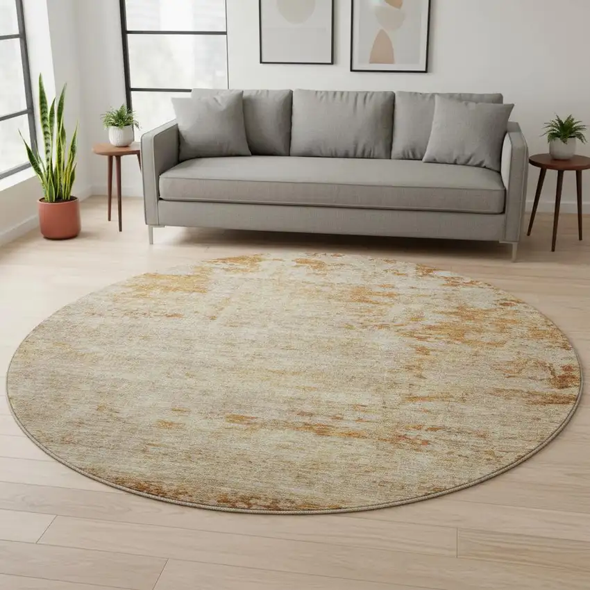 8' Copper And Beige Abstract Washable Round Rug With UV Protection Photo 2