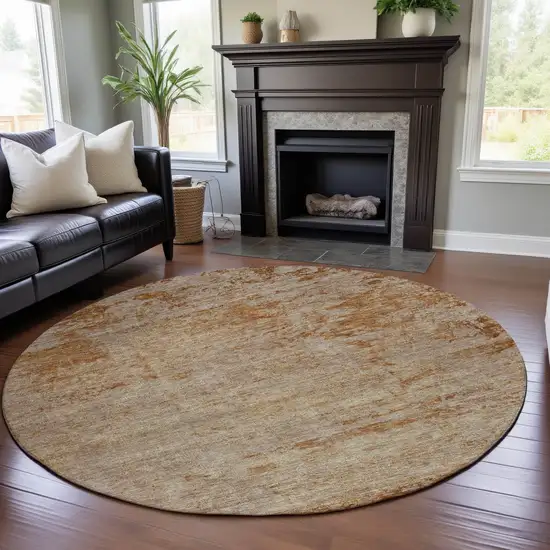 8' Copper And Beige Abstract Washable Round Rug With UV Protection Photo 3