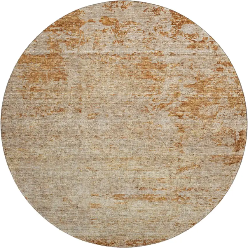 8' Copper And Beige Abstract Washable Round Rug With UV Protection Photo 1